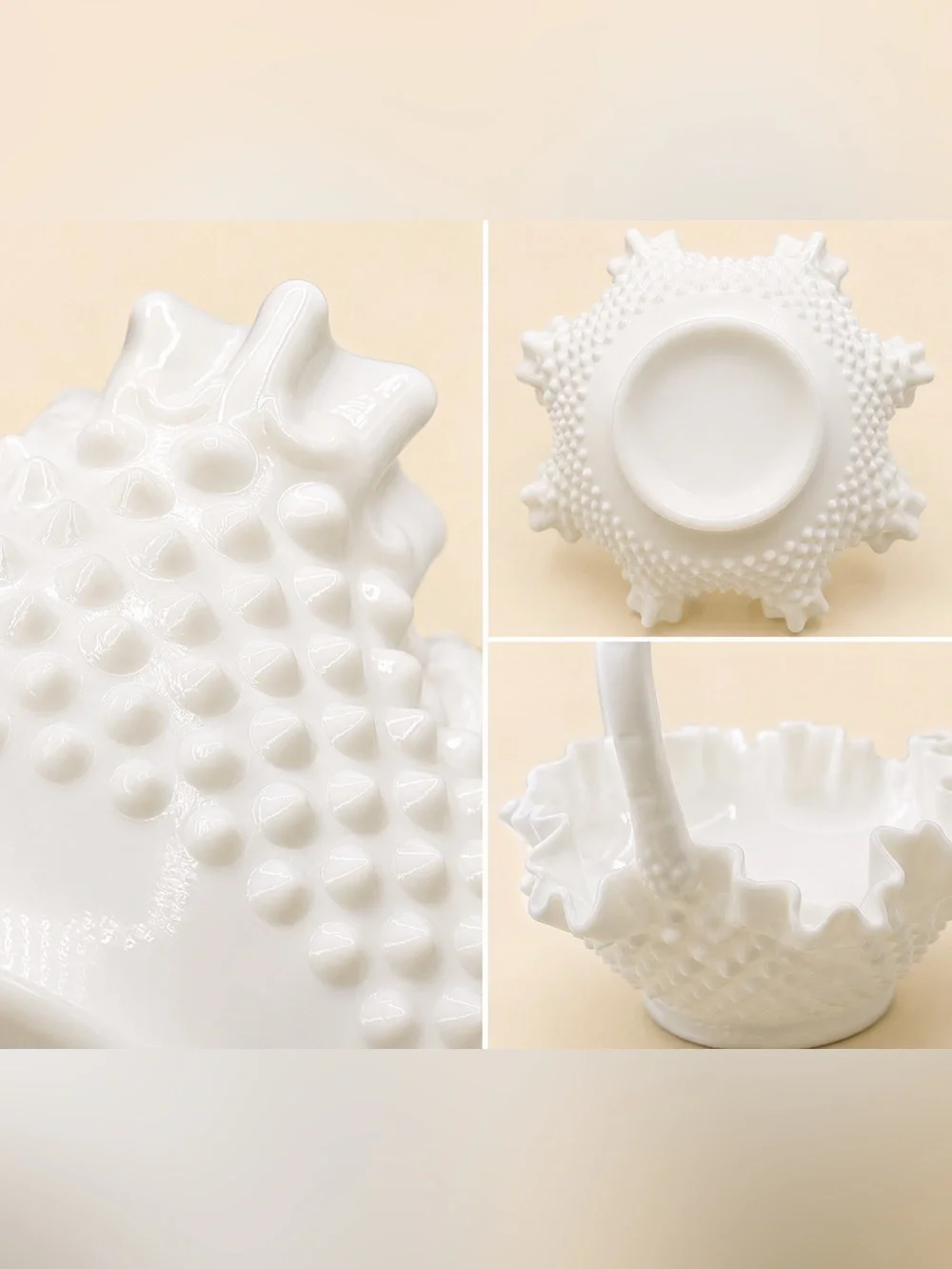 Vintage Milk Glass Hobnail Fenton Basket Ruffled Crimped Edges